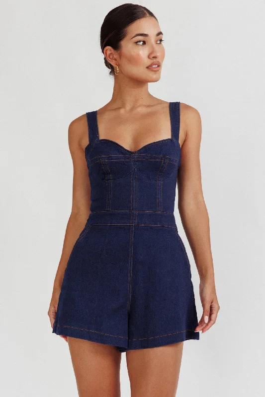 Women's Versatile Apparel Style Your Wardrobe Tease Me Sweetheart Neckline Denim Romper Indigo