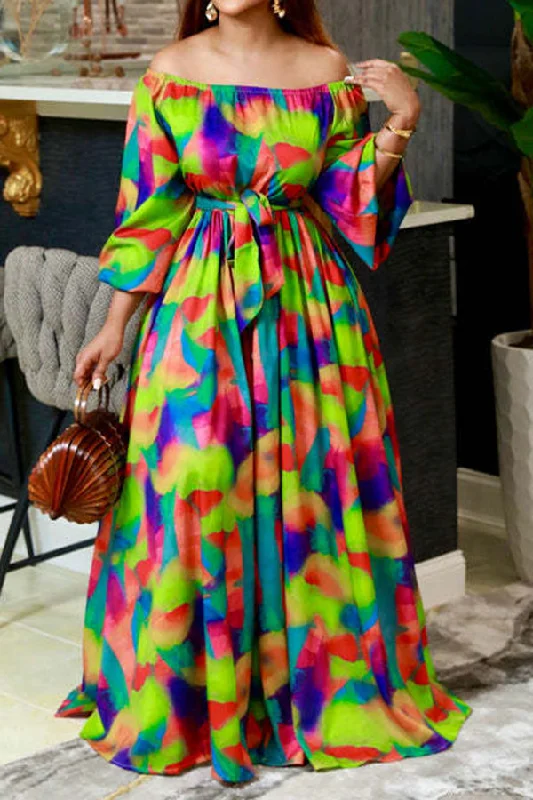 Vintage-Inspired Women's Apparel All Season Basics Discount Colorful Abstract Print Off Shoulder Belted Maxi Dress