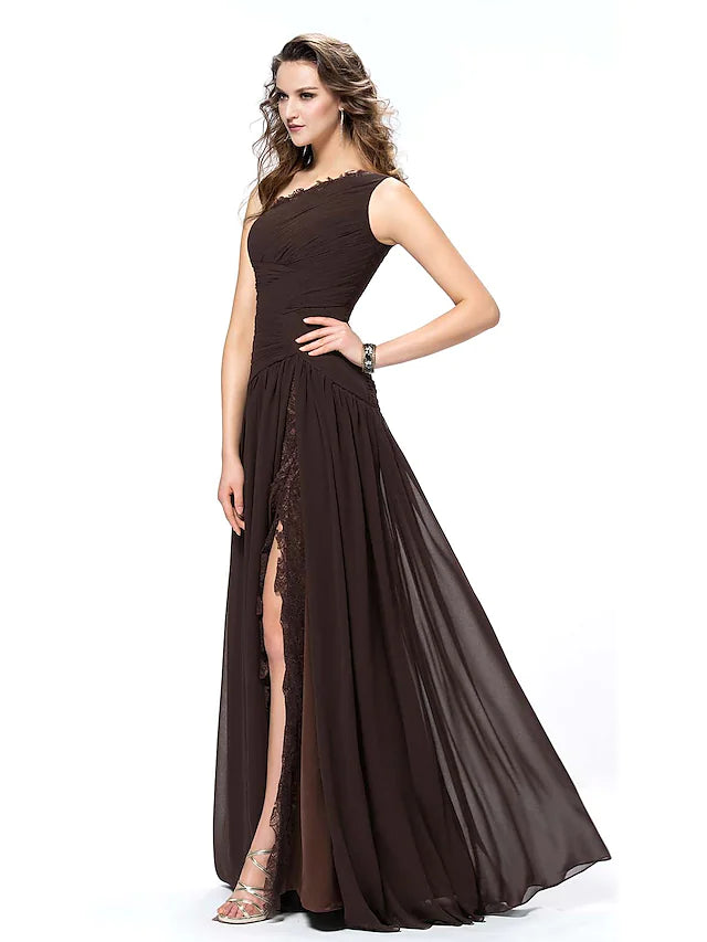 Women's Chic Apparel Exclusive Discount Elegant Sexy Party Wear Formal Evening Dress One Shoulder Backless Sleeveless Floor Length Chiffon with Slit Lace Insert