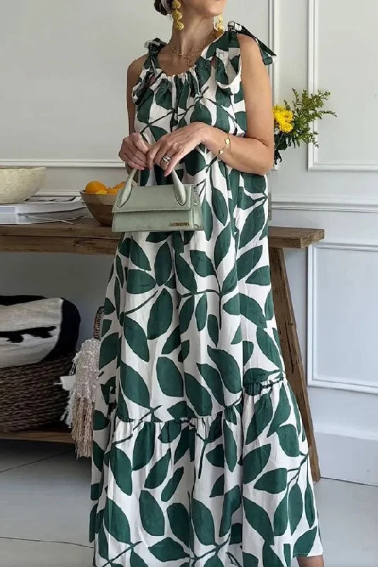 Women's Transitional Clothes Daily Essentials Leaf Print Tropical Tie Shoulder Ruffles Maxi Dress