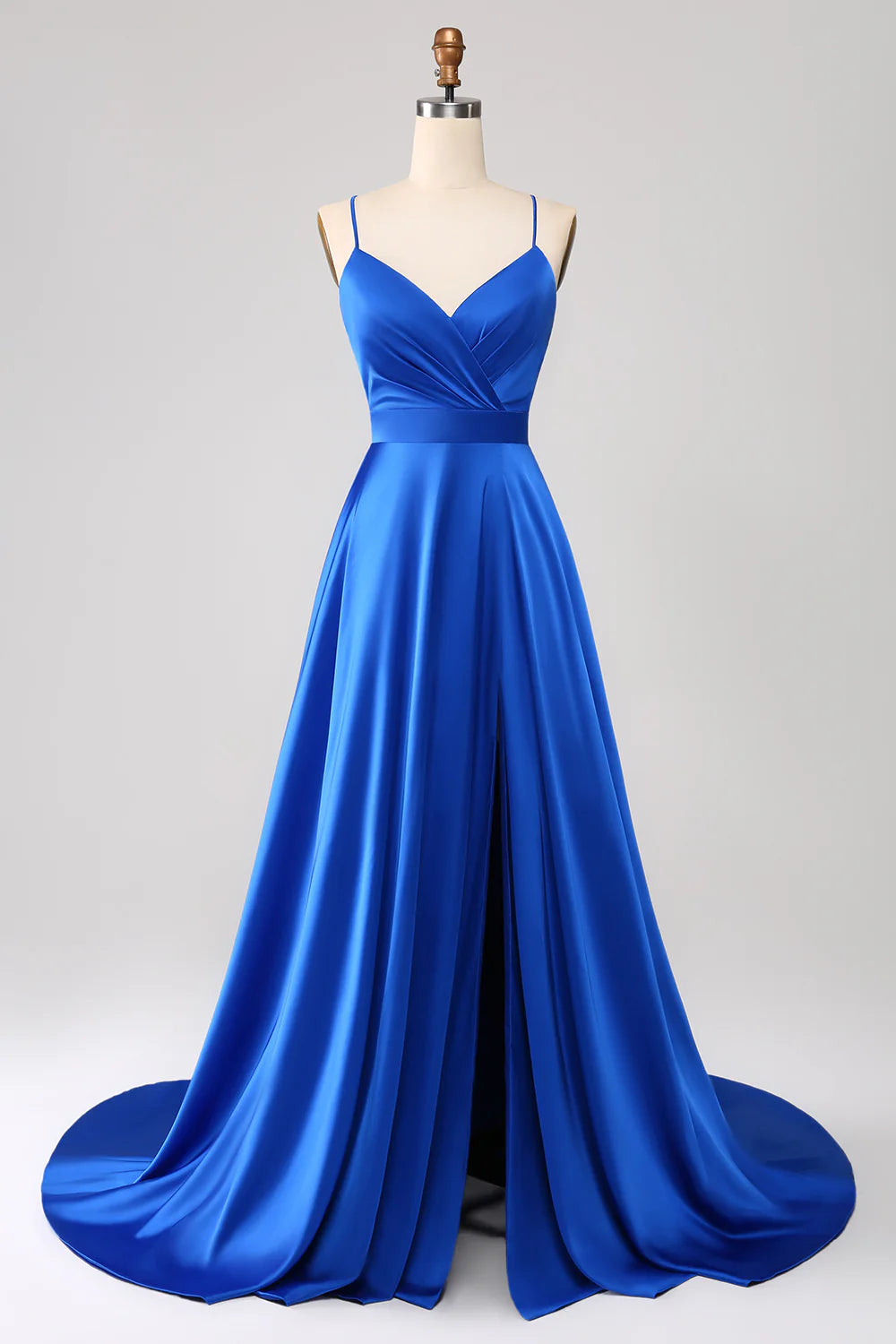 Women's Elegant Clothes Stylish Basics Amzcw Royal Blue A Line V Neck Open Back Pleated Satin Long Prom Dress with Slit prom dresses shops