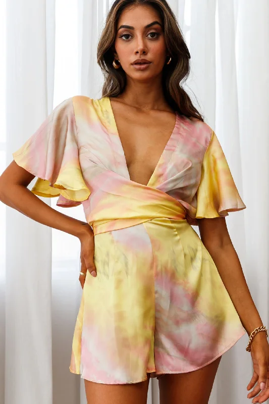 Women's Luxury Attire Budget Friendly Unconditional Plunging Wrap Style Romper Marbled Tie Dye Pink/Yellow