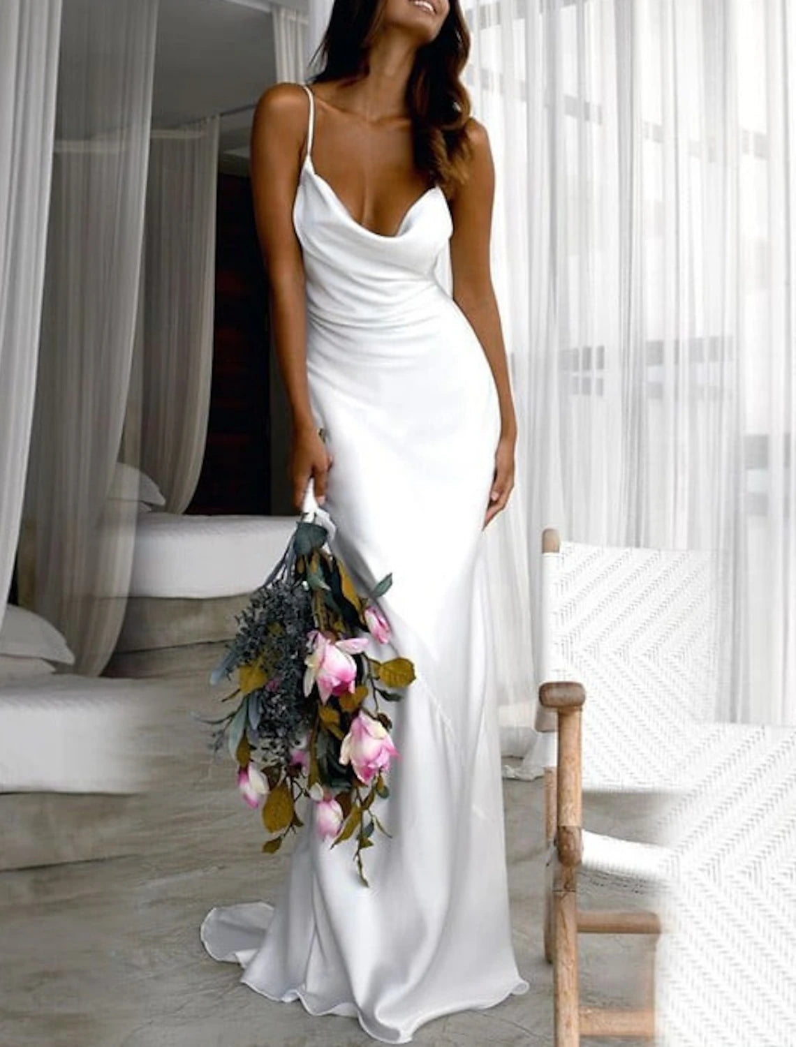 Women's Charming Outfit For Events Chic Trend Collection Beach Simple Wedding Dresses Sheath / Column Square Neck Camisole Spaghetti Strap Sweep / Brush Train Stretch Fabric Bridal Gowns With Ruched Solid Color