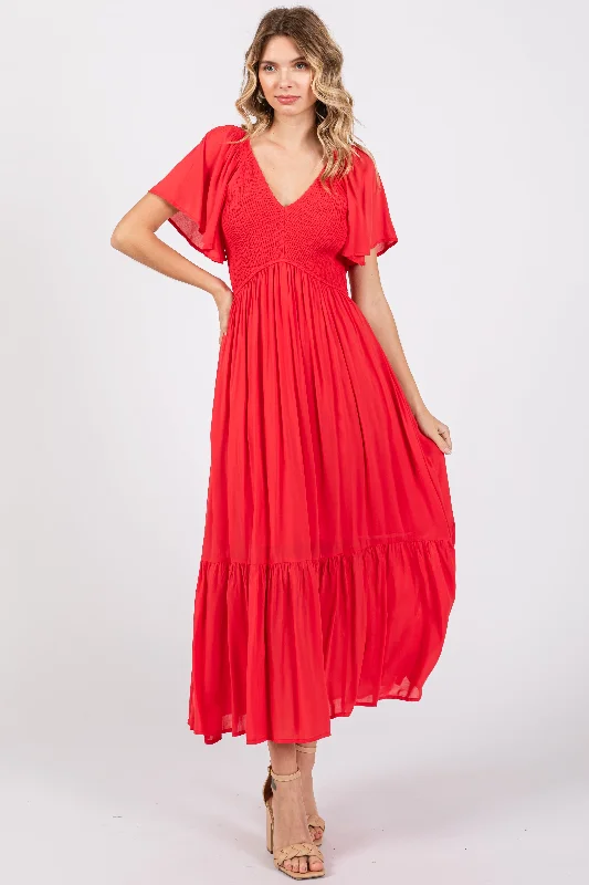 Women's Formal Event Attire Signature Style Essentials Red Smocked Flutter Sleeve Midi Dress