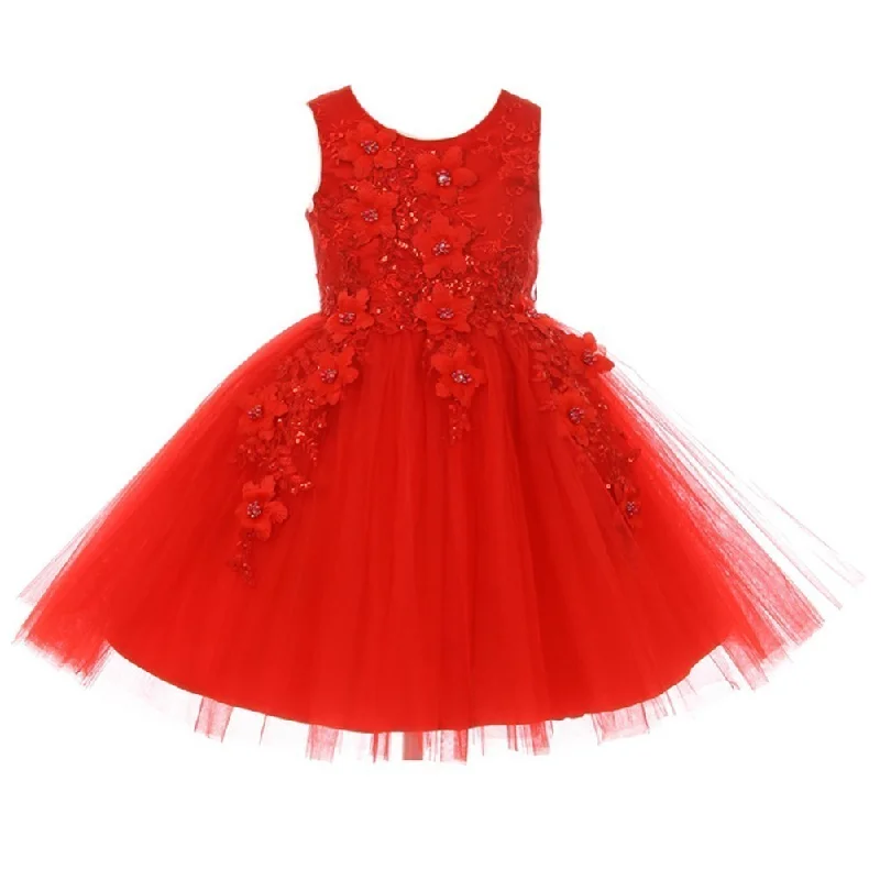 Women's Elegant Garments Attire Sale Big Girls Red 3D Floral Appliques Soft Tulle Flower Girl Dress 8-12