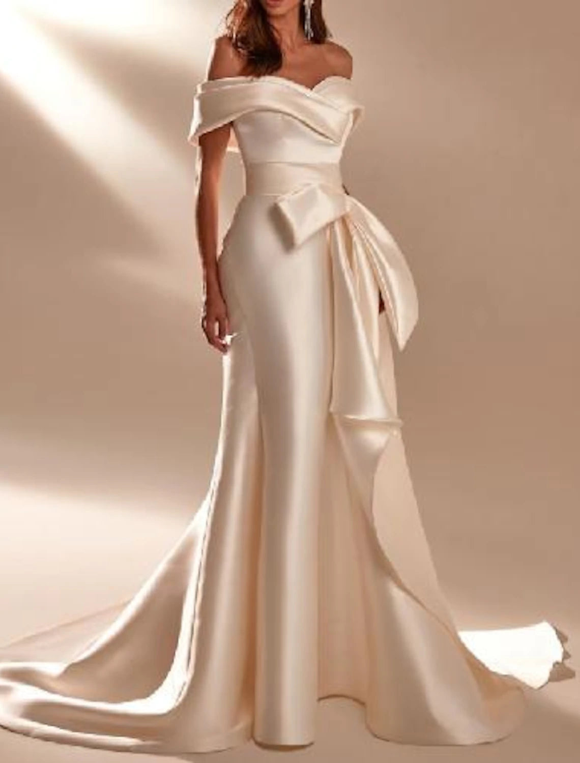 Women's Trendy Outfit Athleisure Wear Special Offer Engagement Formal Wedding Dresses Mermaid / Trumpet Off Shoulder Cap Sleeve Court Train Satin Bridal Gowns With Bow(s)