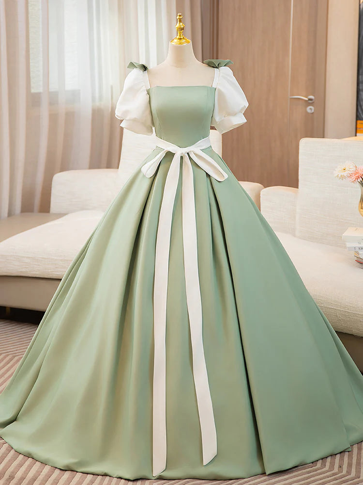 Women's Clothes And Apparel Trend Forward Threads Amzcw A-Line Puff Sleeves Satin Green Long Prom Dress Green Sweet 16 Dress prom dresses shops