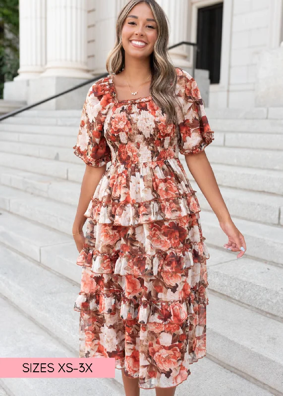 Women's Clothing Chic & Cozy Collection Natasha Rust Floral Ruffle Dress