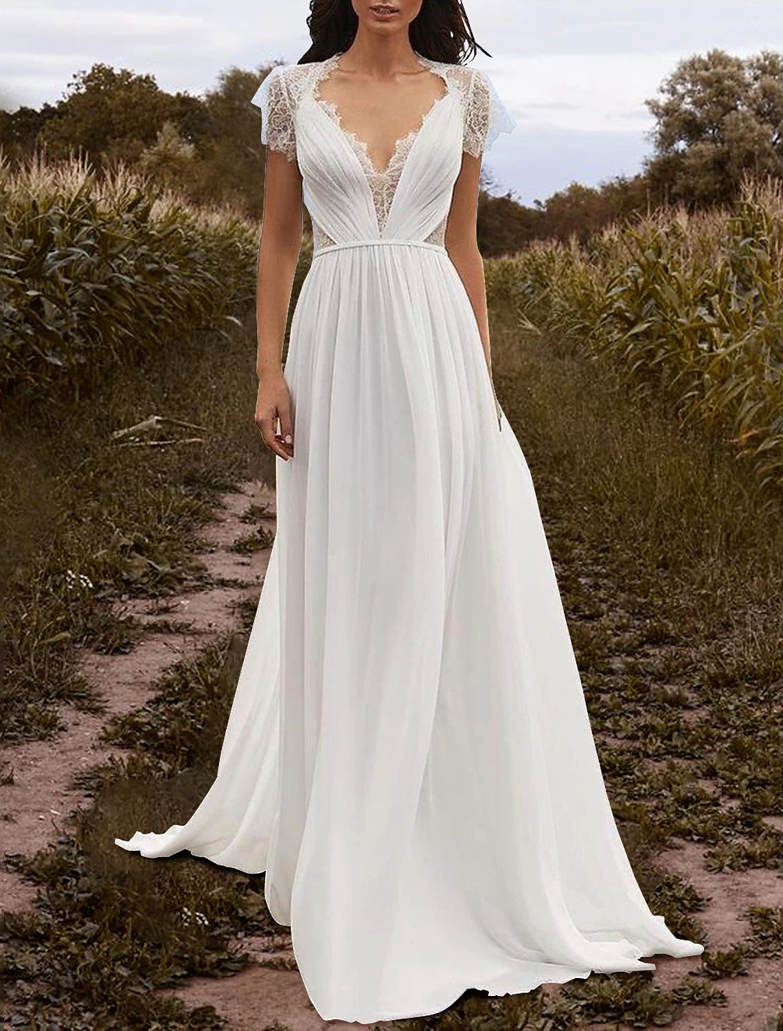 Women's Vacation Attire Comfort First Women's Fashion Beach Open Back Wedding Dresses A-Line V Neck Cap Sleeve Court Train Chiffon Bridal Gowns With Pleats