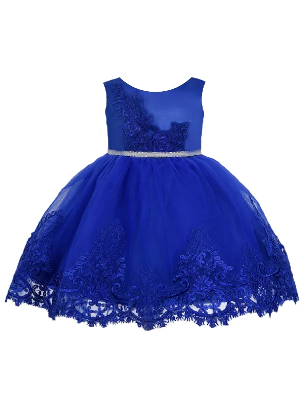 Women's Trendy Activewear Apparel Trendy Pulse Girls Royal Blue Floral Embroidery Glitter Belt Flower Girl Dress 6-24 Months