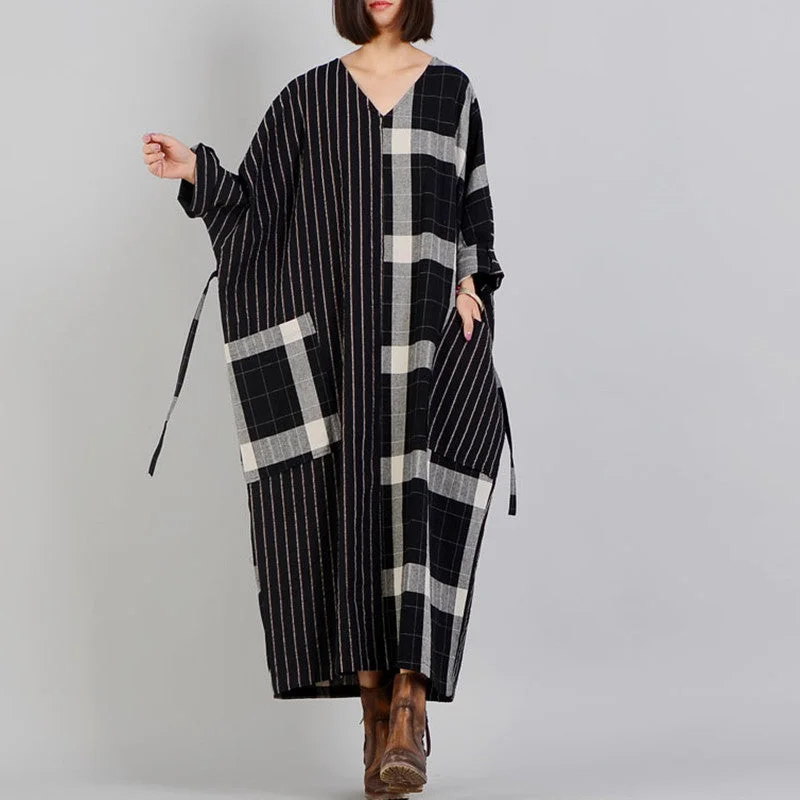 Charming Women's Holiday Apparel Effortless Chic Apparel fine black Plaid casual v neck patchwork gown fine pockets Batwing Sleeve long dresses