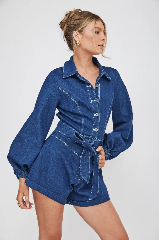 Women's Elegant Evening Attire From Casual To Classy New Day Long Sleeve Button-Up Romper Indigo