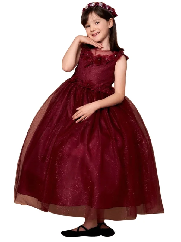 Women's Charming Outfit For Events Luxury Fashion Little Girls Burgundy Illusion Neckline Floral Applique Glitter Tulle Dress 2-6