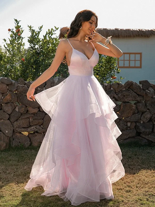 Vintage Clothing For Women Seasonal Trend A-Line/Princess Tulle Ruffles V-neck Sleeveless Floor-Length Dresses