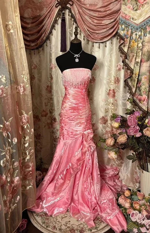 Women's Holiday Outfit Sophisticated Outfits Sexy Mermaid Strapless Pink Satin Long Evening Dress Party Dress Prom Dresses    S6265