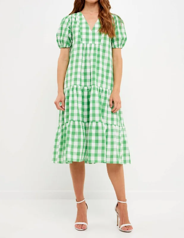 Women's Clothing For Holiday Travel Trendy Clothing Sale Gingham Midi Dress In Green