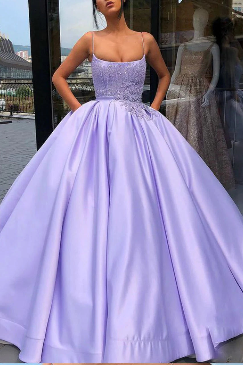 Women's Outerwear Attire Feminine Grace Purple Ball Gown Spaghetti Straps Satin Prom Dress With Pocket Quinceanera Dress