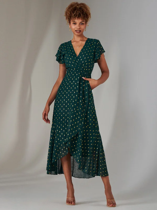 Affordable Women's Clothes Flash Sale Starts Metallic Spot Textured Chiffon Maxi Dress, Dark Green