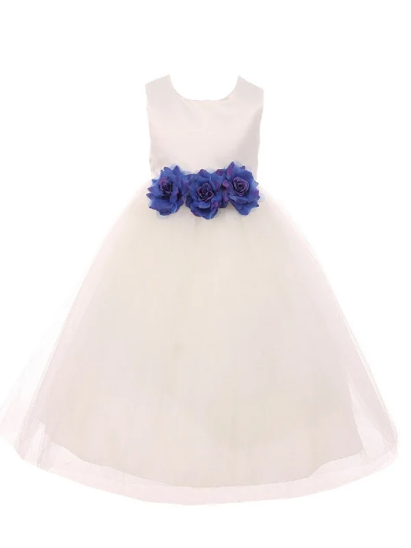 Casual Outfit For Women Budget-Friendly Fashion Little Girls Ivory Royal Blue Floral Satin Flower Girl Dress 2-6