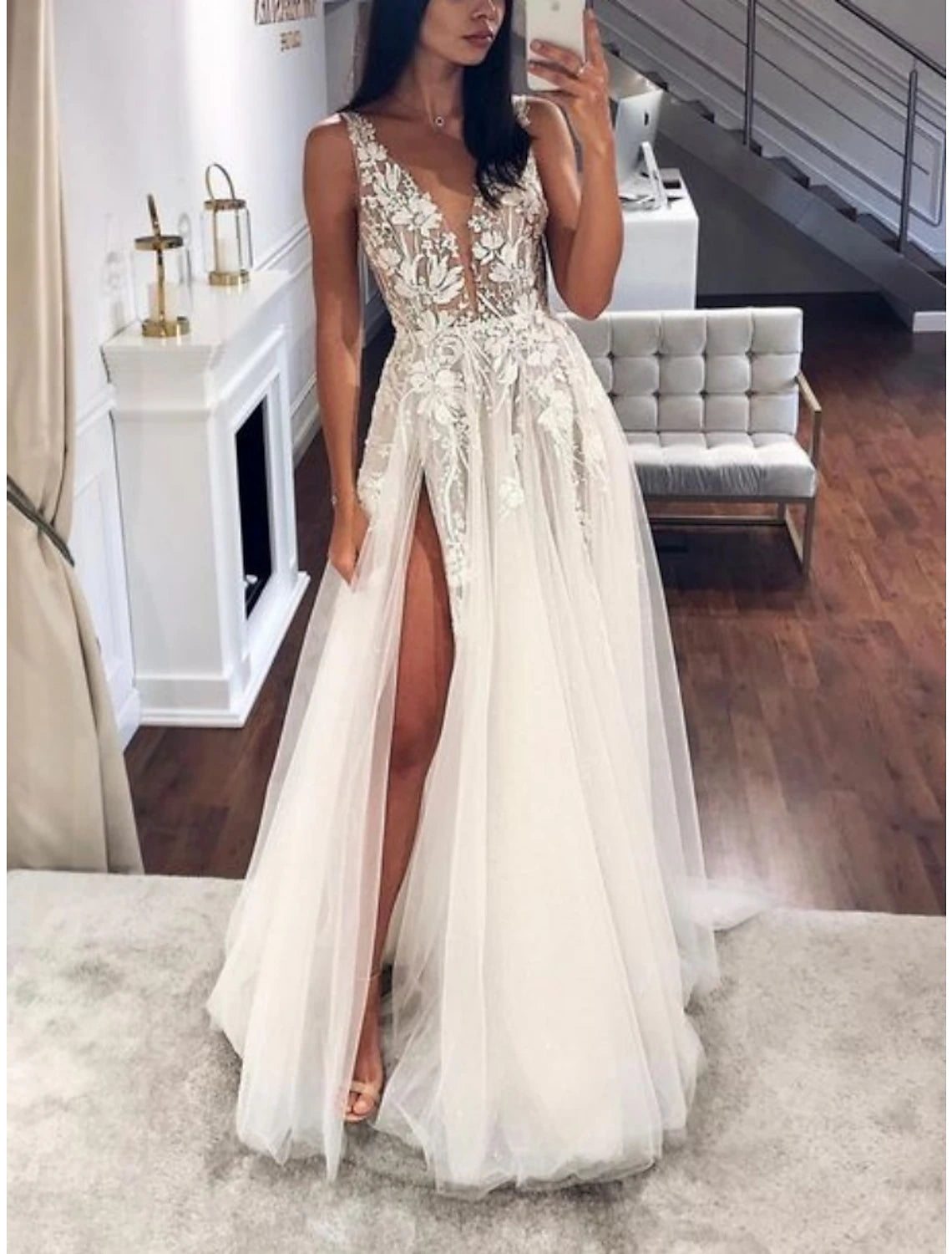 Women's Vintage Clothes Flash Sale Fever Beach Mature Wedding Dresses A-Line V Neck Sleeveless Sweep / Brush Train Lace Bridal Gowns With Pleats Split Front