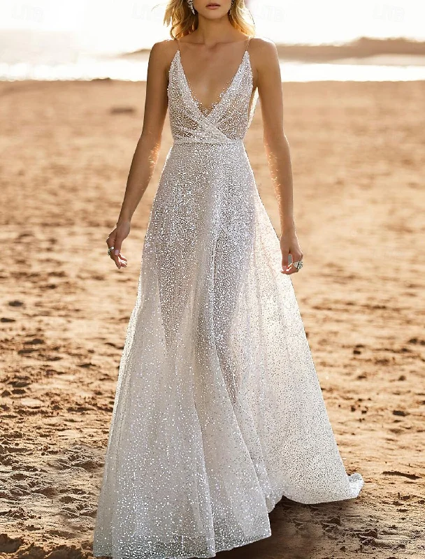 Women's Timeless Attire Chic Wardrobe Essentials Beach Open Back Casual Wedding Dresses A-Line Camisole V Neck Sleeveless Sweep / Brush Train Sequined Bridal Gowns With Beading