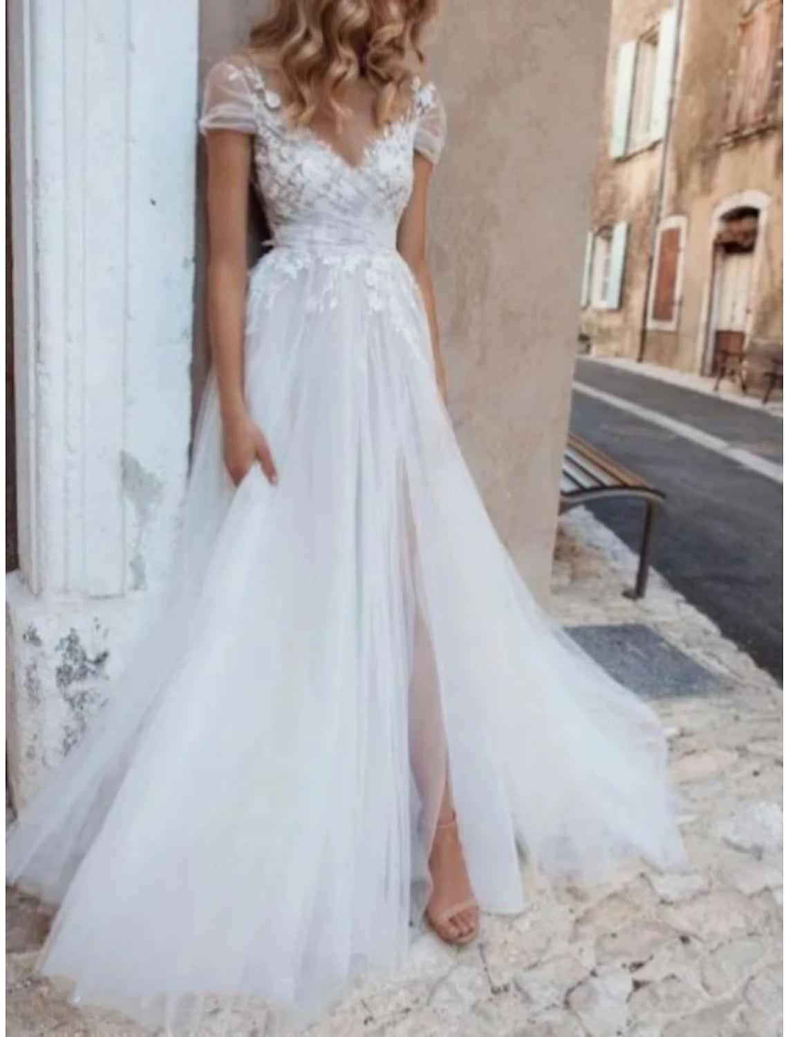 Women's Active Outfit For Fitness Unleash Your Trendy Side Beach Formal Wedding Dresses A-Line V Neck Short Sleeve Sweep / Brush Train Lace Bridal Gowns With Pleats Appliques