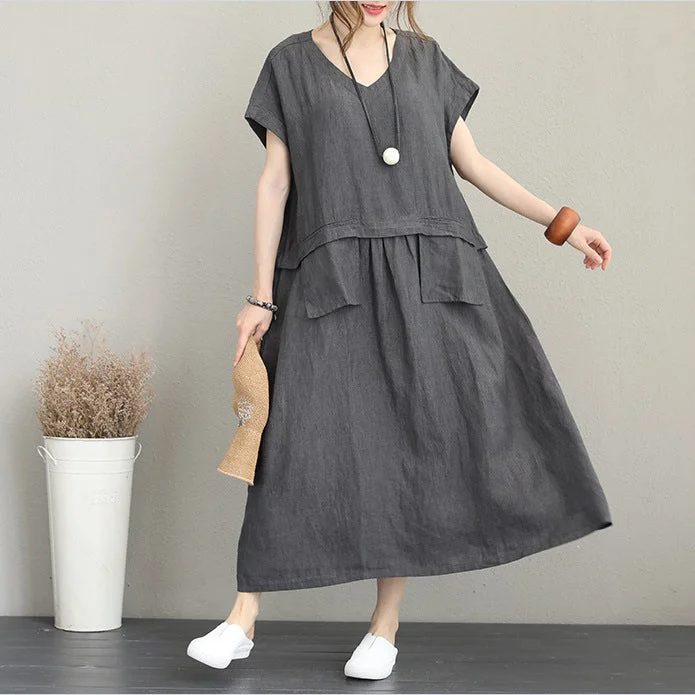 Classic Clothes For Women Cool Prices baggy gray linen maxi dress plus size clothing v neck linen clothing dresses fine two big pockets gown