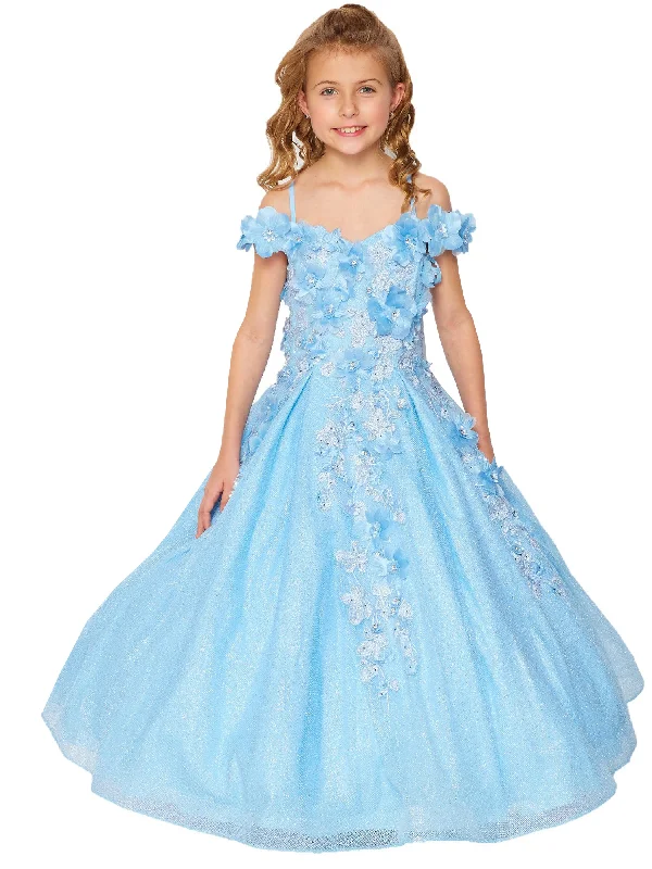 Women's Clothes Style Your Wardrobe Bliss Big Girls Blue 3D Floral Applique Off Shoulder Ball Gown 8-16