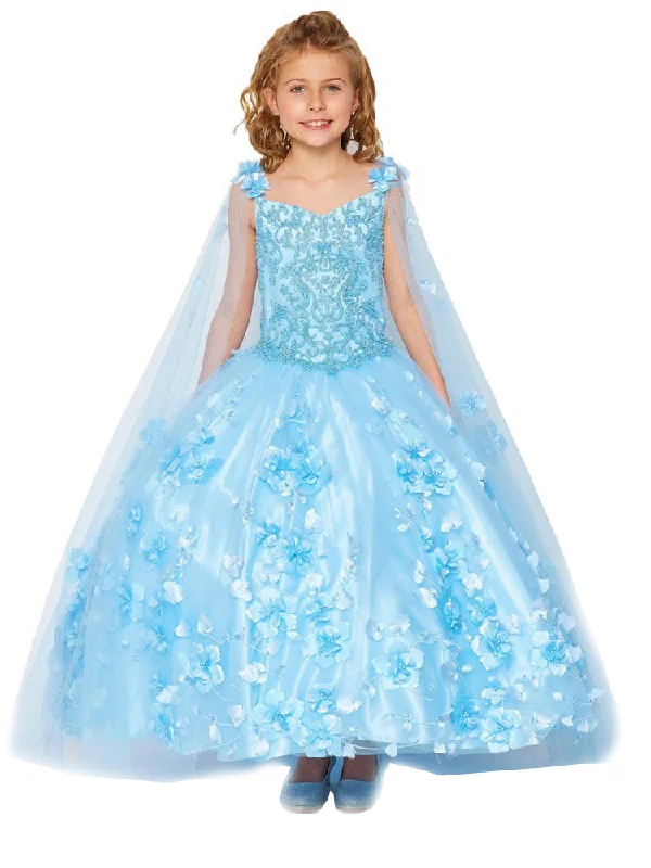 Women's Cozy Clothes Trend Forward Threads Bliss Little Girls Blue 3D Stone Pearl Sweetheart Floral Cape Ball Gown 2-6