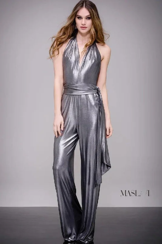 Women's Clothing Outfit Set Seasonal Sale Jovani M51819 Metallic Halter Jumpsuit