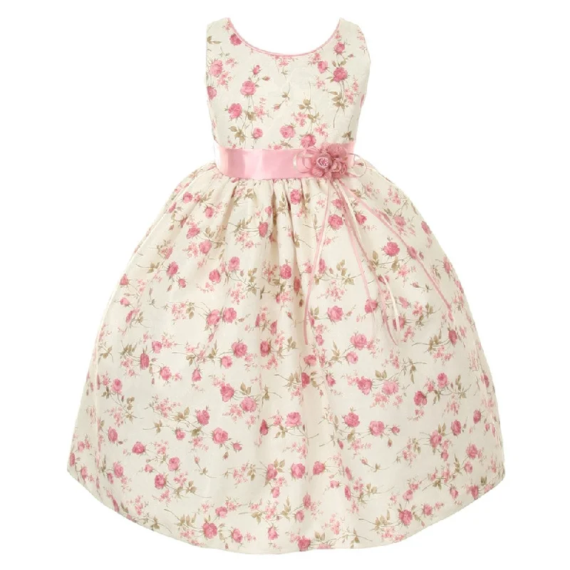 Women's High-Fashion Apparel The Latest Trends Big Girls Pink Jacquard Floral Printed Satin Rosette Sash Easter Dress 8-12