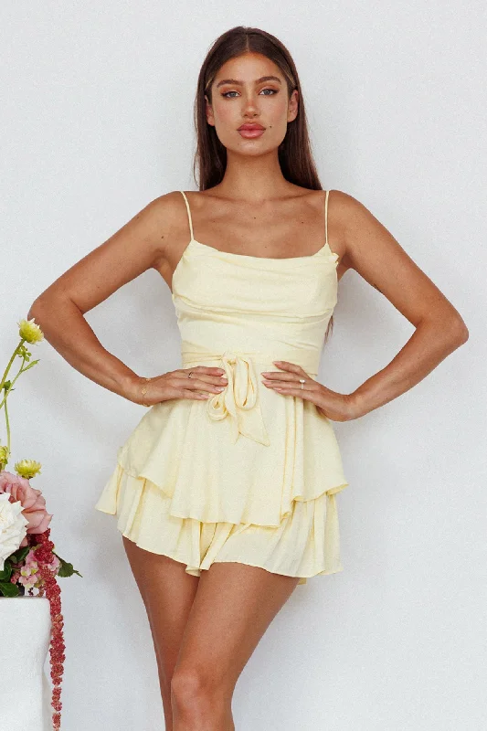 Women's Occasion Wear Apparel Trendy Threads Well Versed Cowl Neck Flounce Romper Soft Yellow