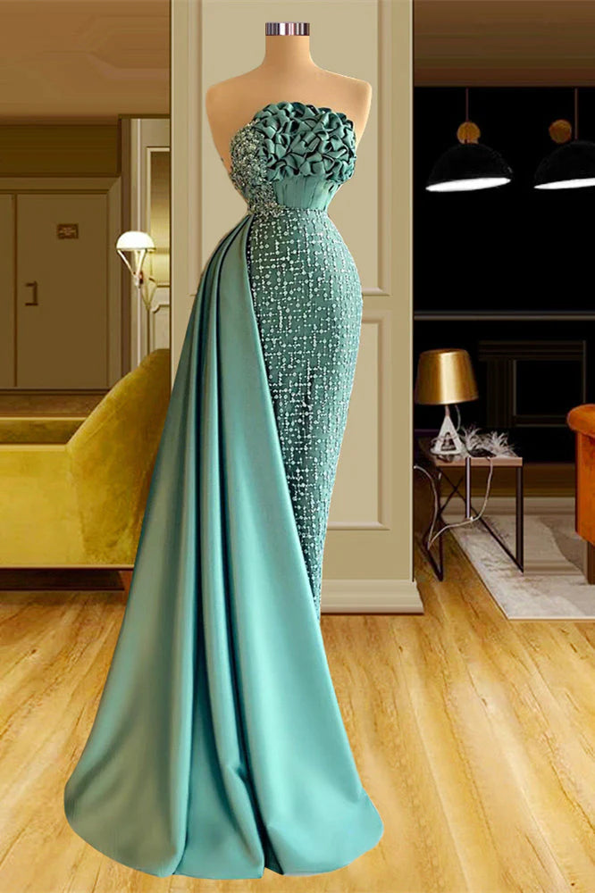 Stylish Women's Garments For Holidays Effortless Chic Apparel Elegant Long Green Mermaid Sleeveless Beading Prom Dresses With Ruffles Long