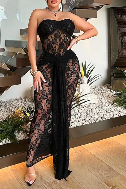 Women's Functional Outdoor Garments Designer Wear On Sale Lace See-Through Strapless Party Lace-Up Maxi Dress