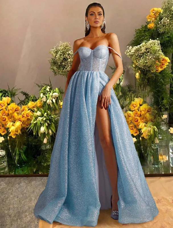 Women's Activewear Attire Bid Farewell To The Old Season A-Line Prom Dresses Sparkle & Shine Dress Prom Floor Length Sleeveless Sweetheart Tulle with Glitter Pleats Slit