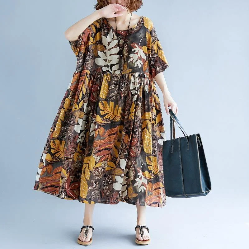 Women's Everyday Clothes Exclusive Sale 2018 print long cotton linen dresses oversized short sleeve gown vintage o neck baggy dresses linen clothing dress