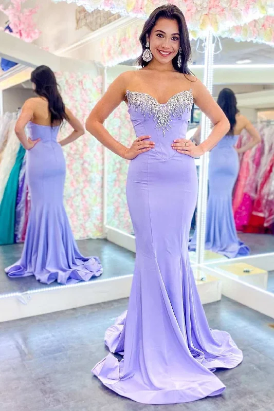 Stylish Women's Garments Brand Name Clothing Discount Extravaganza Lavender Strapless Trumpet Long Formal Gown with Rhinestones