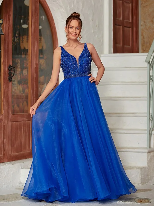 Women's Fashionable Clothing Sets Flowy Fabric A-Line/Princess Organza Beading V-neck Sleeveless Floor-Length Dresses