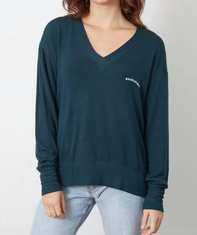 Women's Clothes For Special Occasions Luxury Style Holidaying V Neck Sweatshirt In Teal