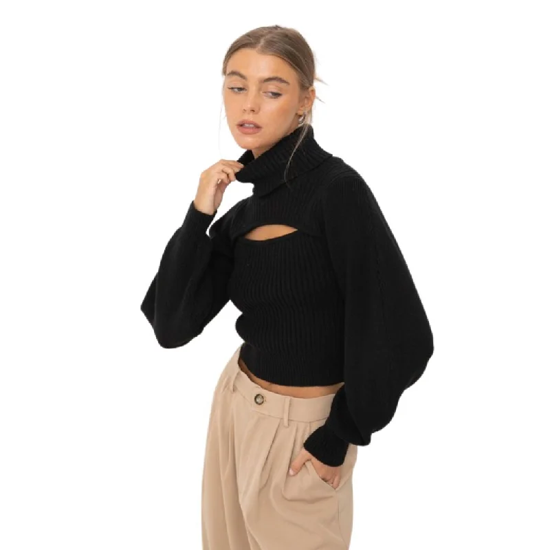 Women's Functional Apparel For Outdoor Activities Spring Wardrobe Front Cut Out Turtleneck Sweater (Black)