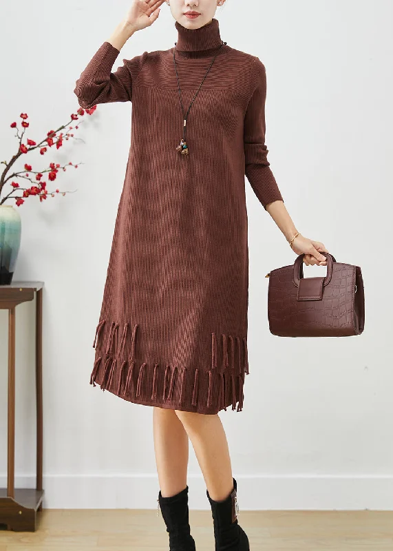 Women's Chic Outerwear Attire Lighten Up With Nordic Styles Chocolate Silm Knit Dress Tasseled Turtle Neck Fall