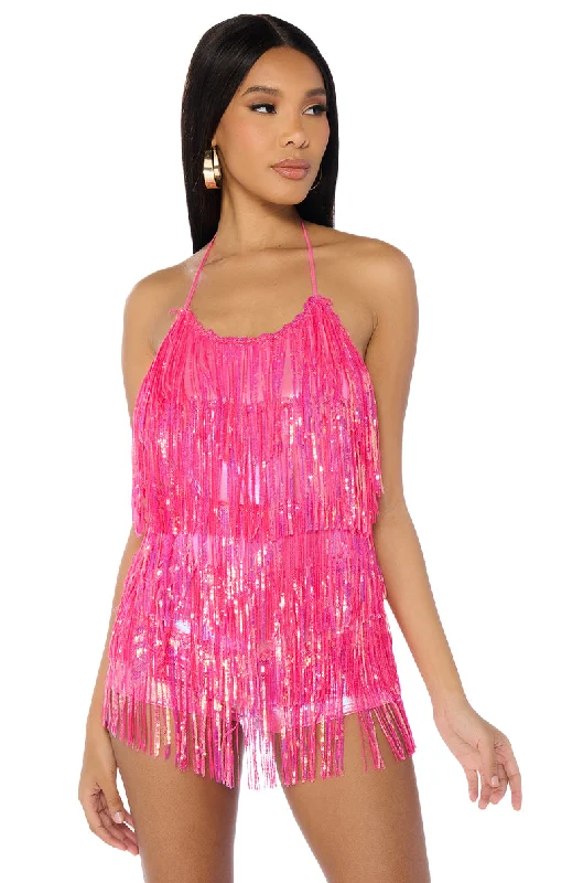 Stylish Women's Apparel Flowing Silhouette FLAPPER FRINGE ROMPER IN HOT PINK