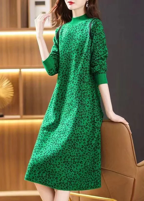 Women's Professional Attire Weekend Special Elegant Green Leopard Jacquard Patchwork Thick Woolen Dress Winter