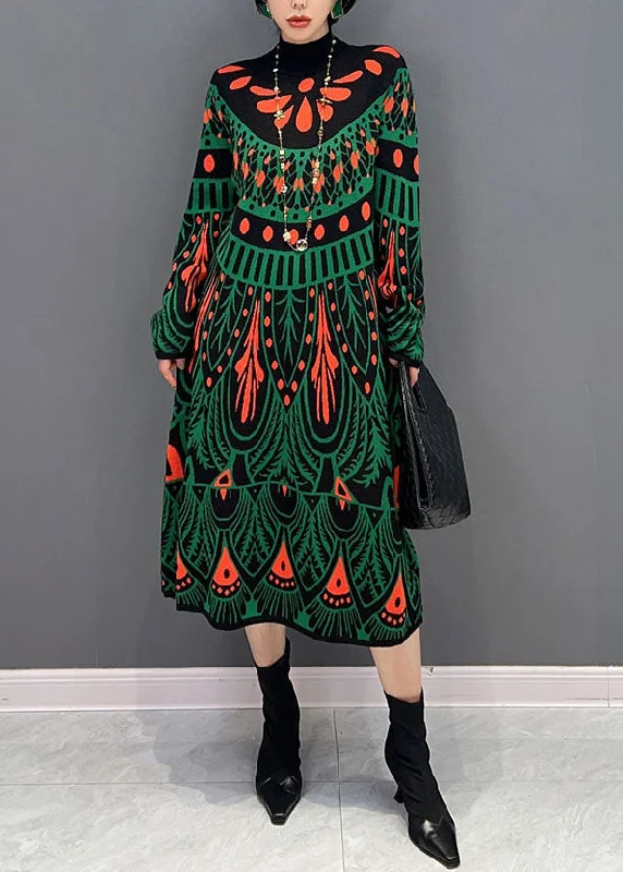 Women's Clothing For Everyday Wear Day-To-Night Styles Fashion Green Hign Neck Print Knit Long Dress Winter