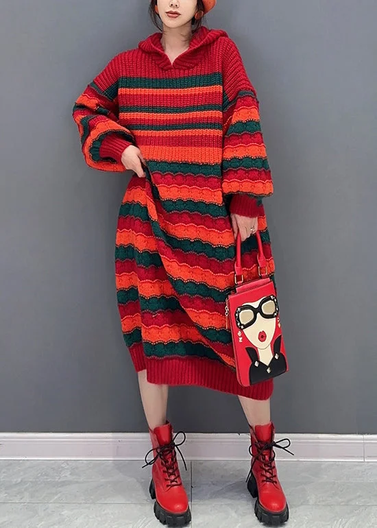 Stylish Outerwear Clothing For Women Minimalist Elegant Loose Red Striped Hooded Cozy Knit Dress Long Sleeve