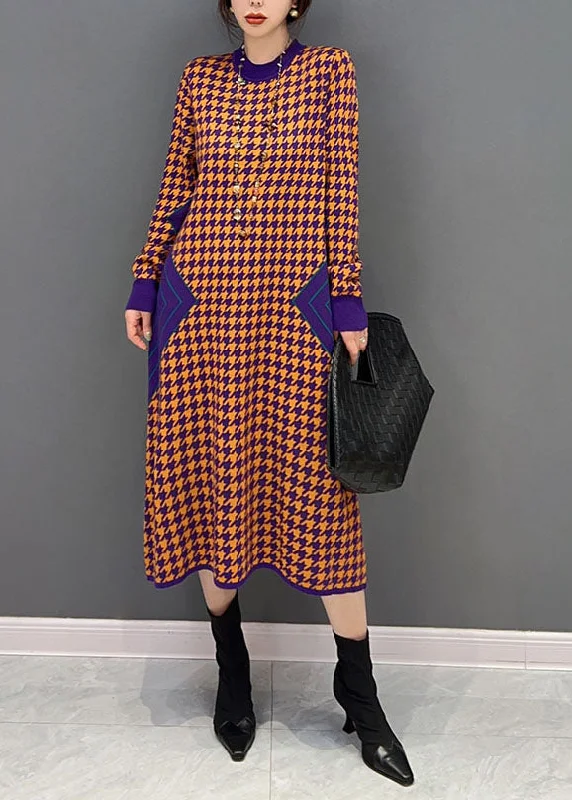 Women's High-Fashion Clothes Limited-Time Offer Women Orange O Neck Patchwork Knit Dress Winter