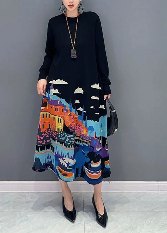 Women's Trendy Garments Elegant Style Beautiful Black O-Neck Print Knit Long Sweater Dresses Fall