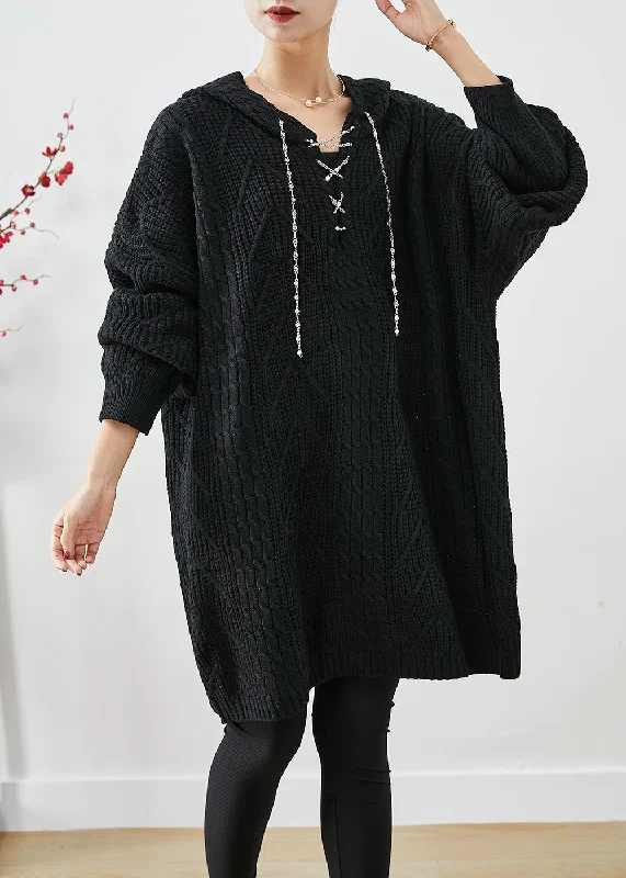 Affordable Women's Outfit Casual Elegance Black Loose Knit Long Sweater Dress Hooded Fall