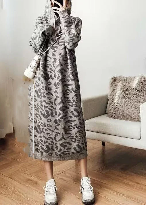 Women's Office Clothing Effortless Comfort Fashion Grey Leopard Cozy Hoodie Knit Sweater Dress Fall