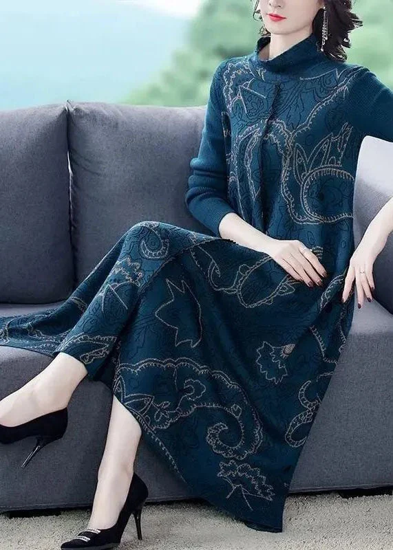 Stylish Women's Clothing Boutique Styles Elegant Blue Stand Collar Print Exra Large Hem Wool Knit Sweater Dress Winter